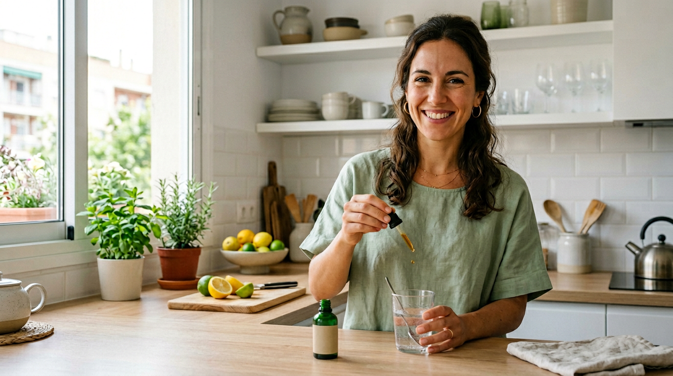 Mujer preparando NaturDrop en la cocina