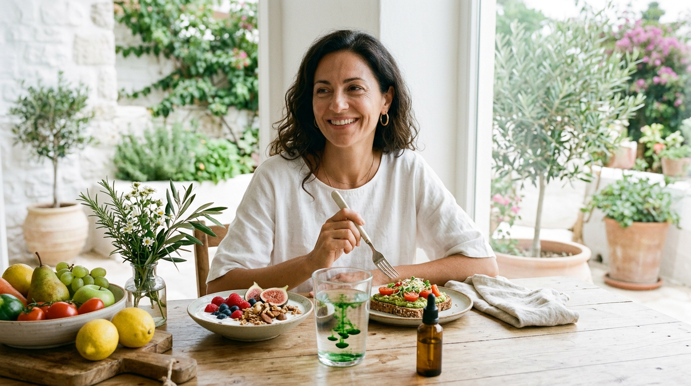 Mujer disfrutando de un desayuno saludable